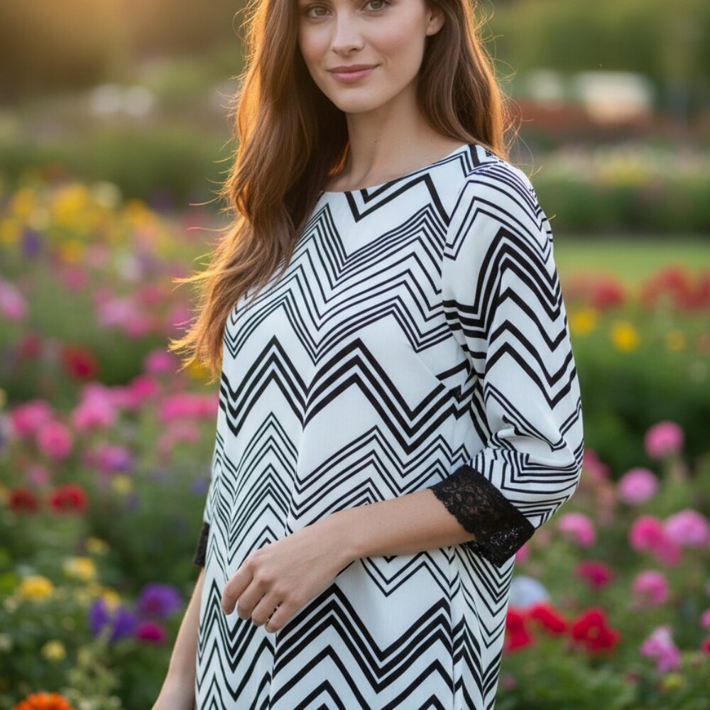 Daytrip S Cream Ivory Black Top Chevron Lace Boho Edgy Mod Casual Career
